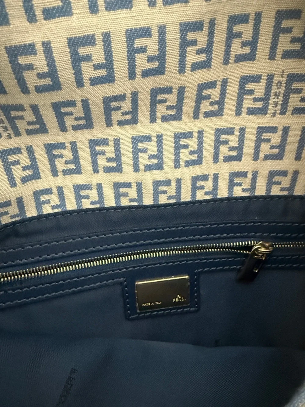 Fendi Saddle Bag Tan Blue Canvas Gold Buckle